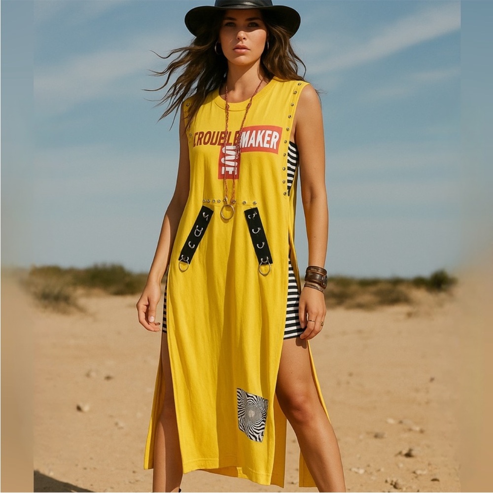 Quesign Lab Yellow Top Harajuku K-Pop Dress Tunic Top Slit Side Vacation Large